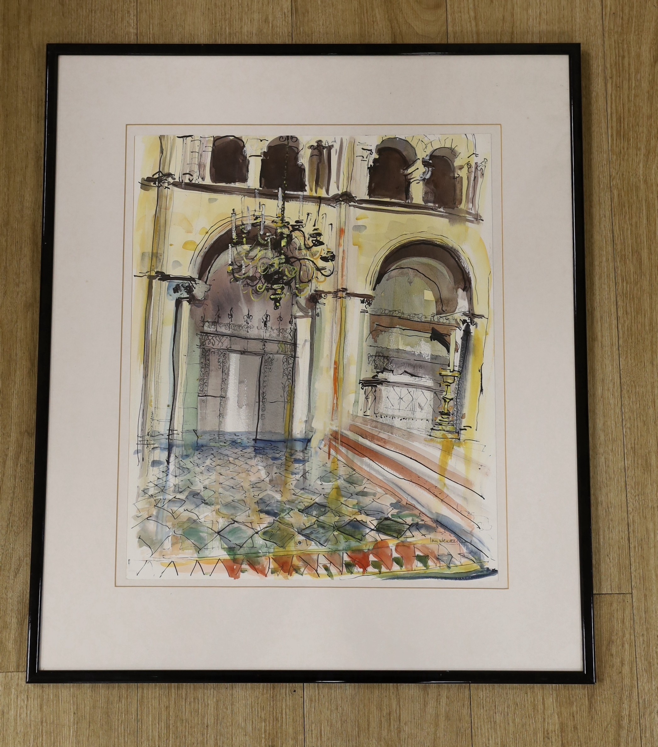 Ian Weatherhead (b.1932), ink and watercolour, Palazzo interior, signed, 50 x 40cm